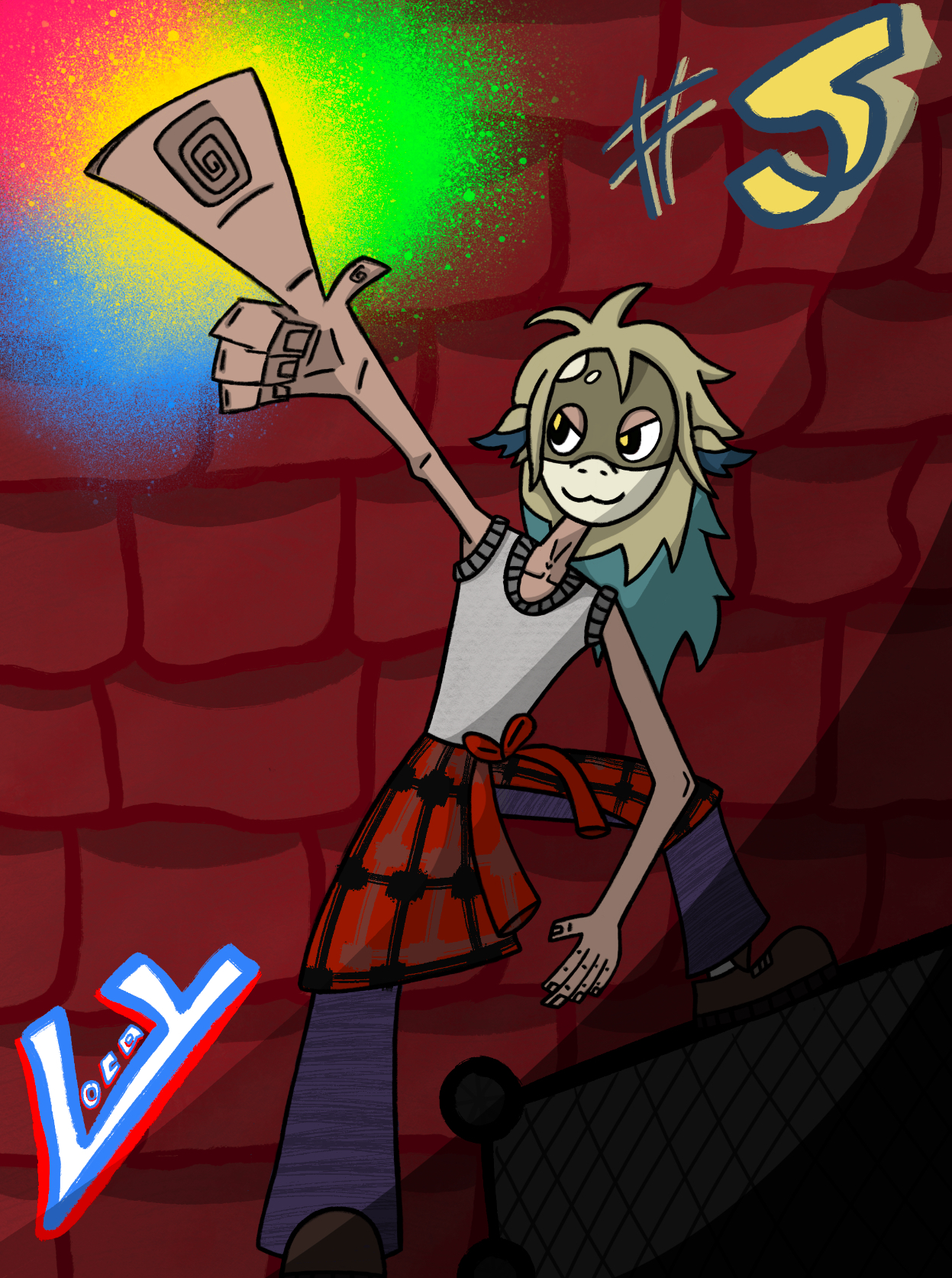 A single image digital drawing of Vee from The Owl House. The image depicts Vee in an alley way, with her left foot on a knocked over trashcan, and with her right finger pointing upwards. She is shown in human form, however she is wearing a mask that resembles her basilisk form’s face. Her clothes are a grey/white tank top, a flannel jacket tied around her waist, and dark purple pants. There is a graffitied “5” in the background, along with a graffiti tag saying “Local” and versions color blotches on the wall behind her raised finger. The wall is brick red, with a shadow being cast on Vee’s left side.